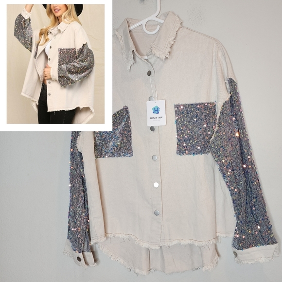 NWT HIMYTHE  Beige Oversized Twill Denim Sequin Shacket Sparkle Large - Picture 1 of 17